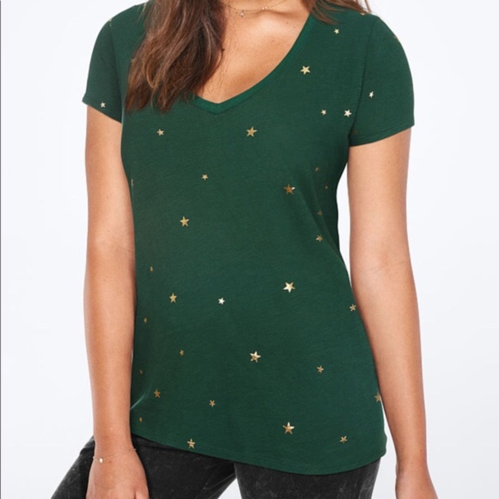 Victoria’s Secret Pink Metallic Gold Star Dark Ivy Green V-Neck Tee Shirt XS